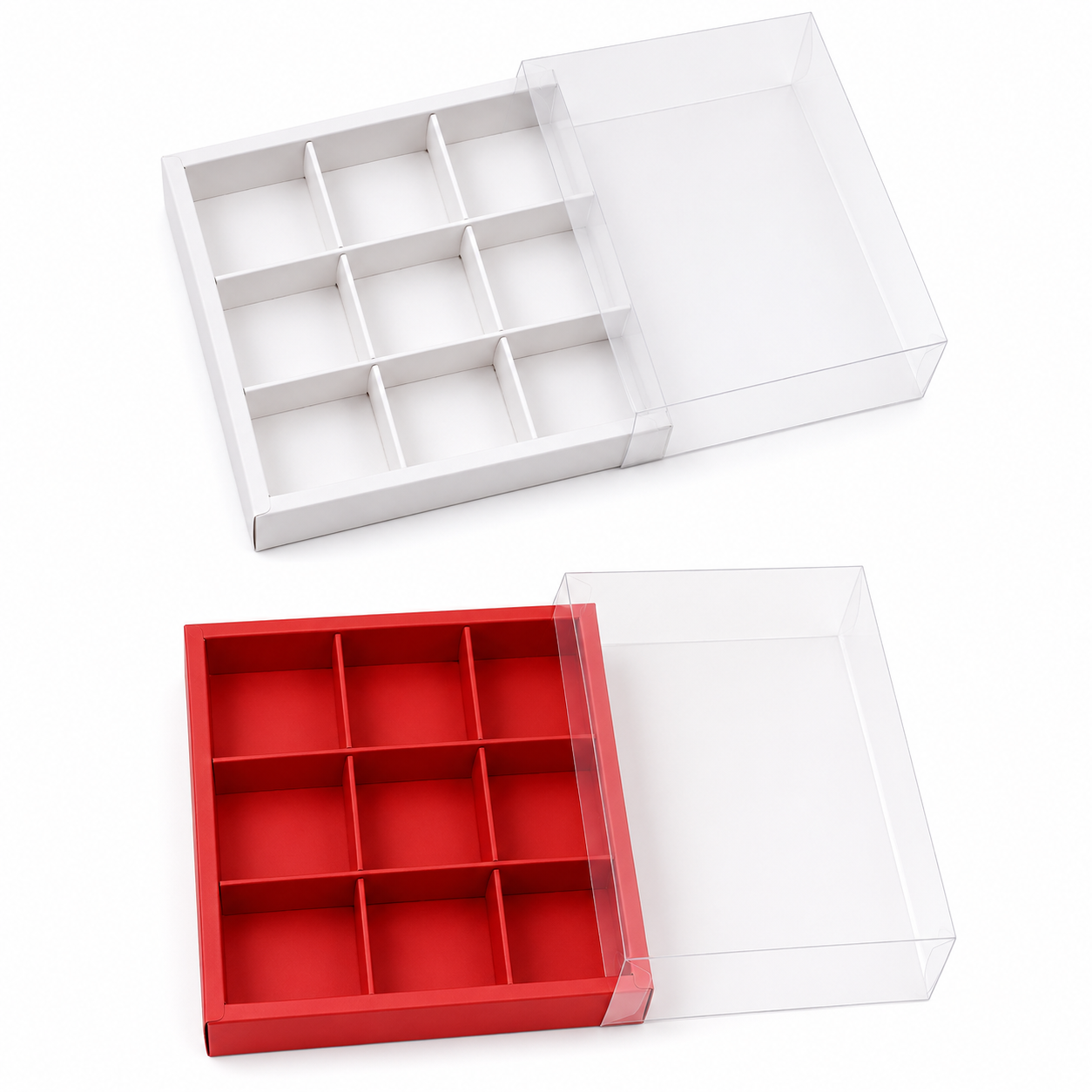 White and red compartmentalized boxes on a white background