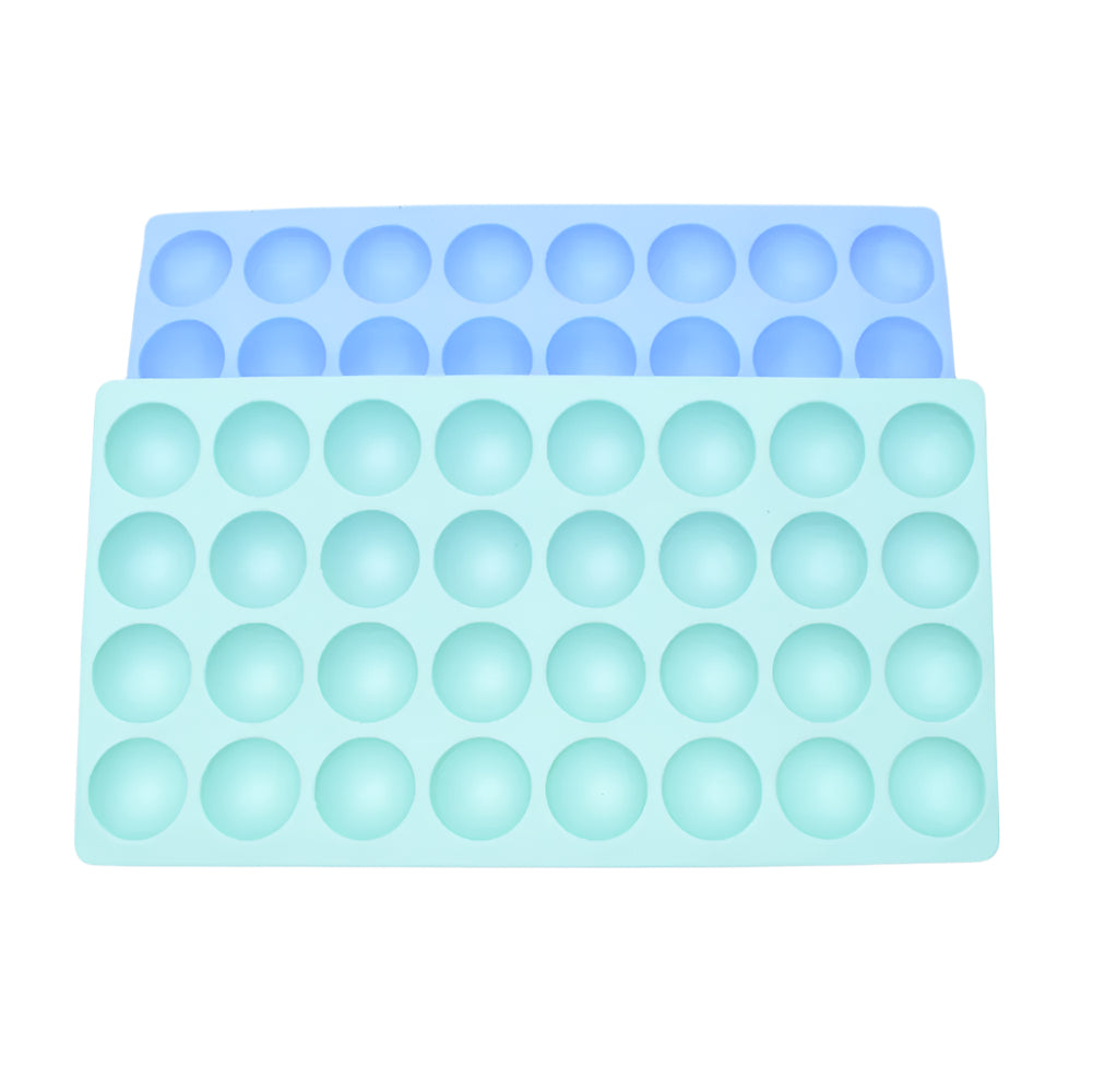 Green and blue 32 in 1 Small Balls Chocolate Molds on a white background, showcasing multiple cavities for making small chocolate balls.