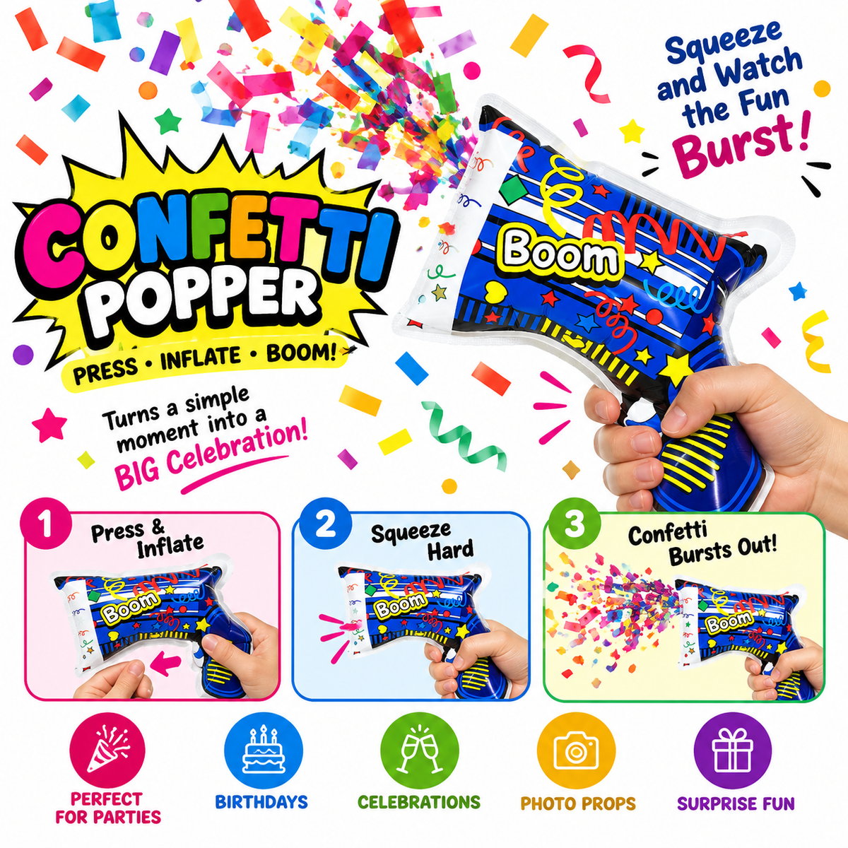 TPR242 Inflatable Confetti Popper – Air-Filled Party Celebration Popper with Colorful Confetti Blast