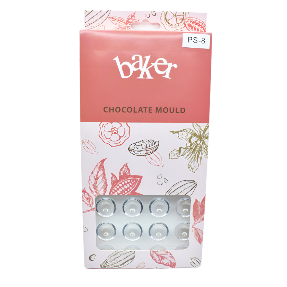 36 in 1 Round Shaped Heart Shaped Polycarbonate Chocolate Mold in its packaging displayed on a white background for a clear view.