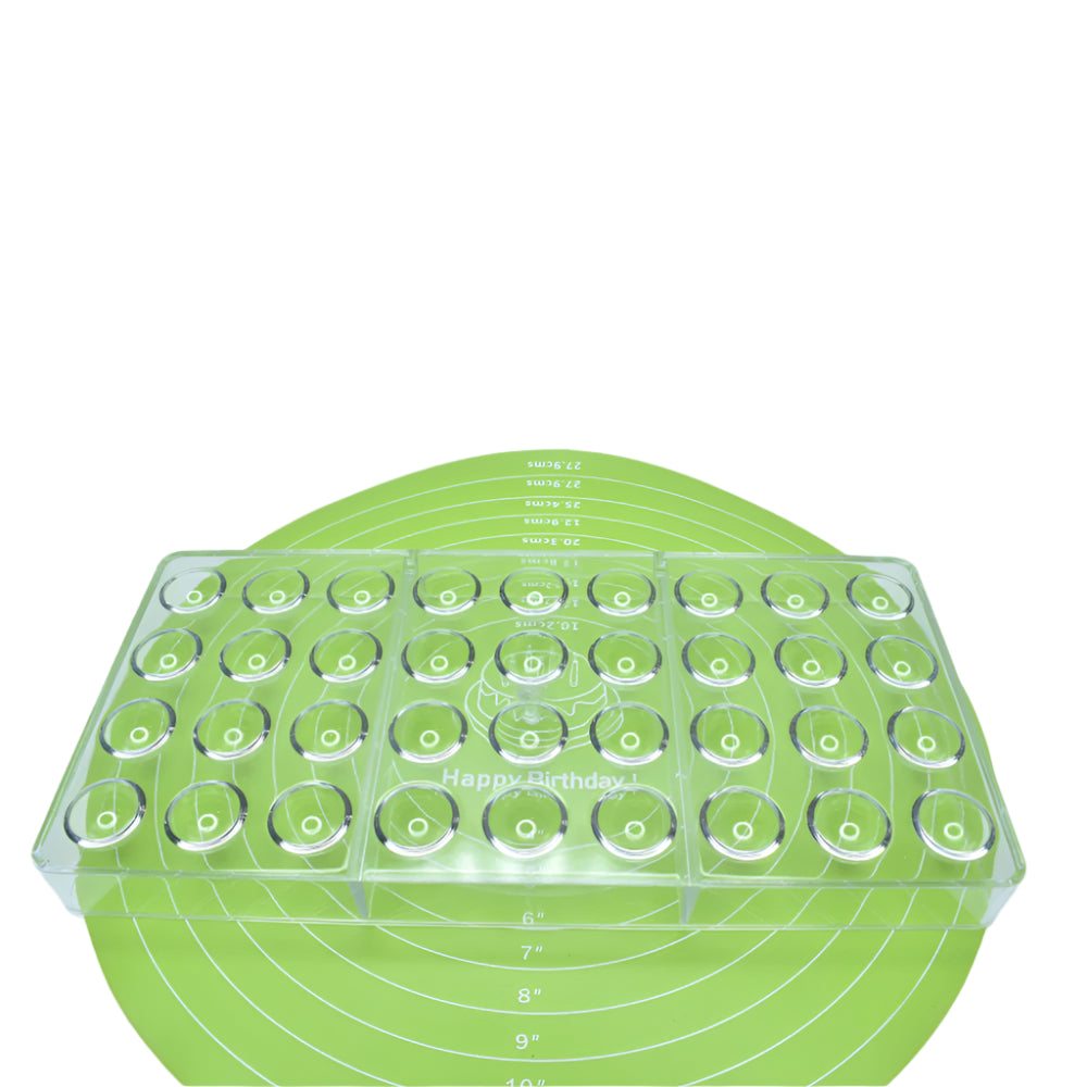 36 in 1 Round Shaped Polycarbonate Chocolate Mold in its packaging displayed on a white background for a clear view.