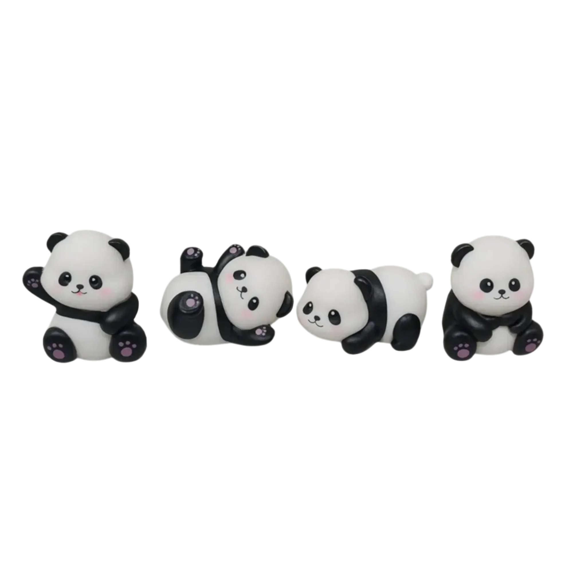 4-piece panda cake topper set featuring cute black and white panda figurines in playful poses including sitting, waving, lying down, and crawling – perfect for decorating kids’ birthday cakes, animal-themed desserts, jungle cakes, or baby shower cupcakes