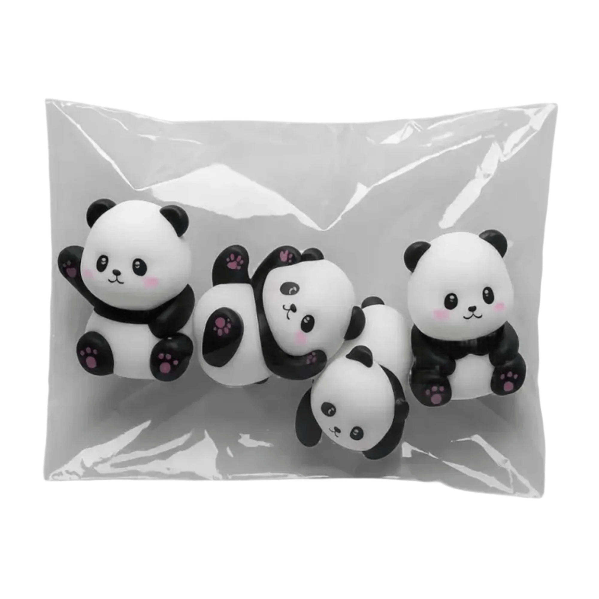 Set of 4 adorable panda cake toppers packaged in a transparent plastic pouch, includes miniature black and white panda figurines in different fun poses – ideal for animal cake decorations, jungle-themed cakes, baby shower treats, or cute birthday party desserts