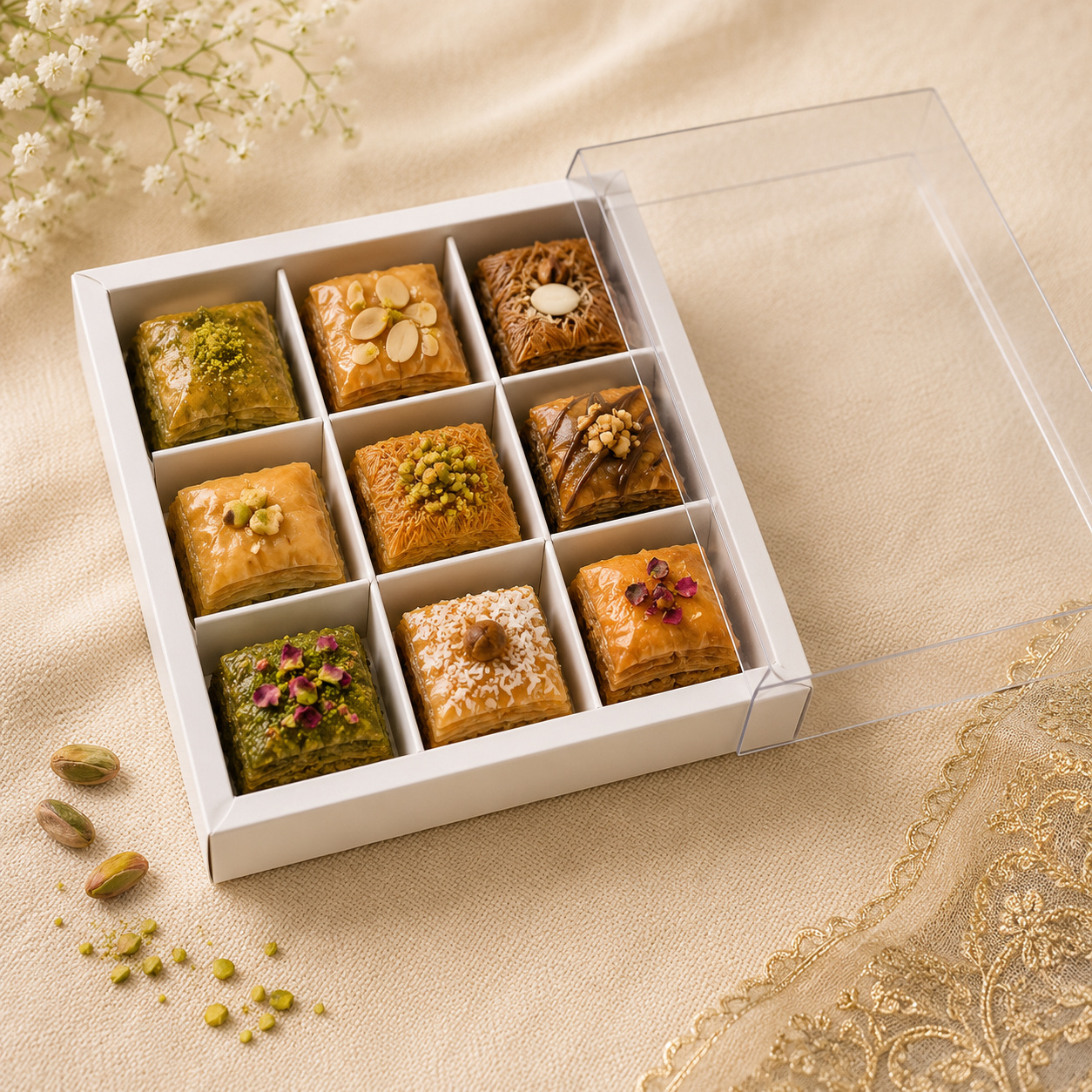 9 Cavity Box of assorted Baklawa on a beige fabric background with flowers.
