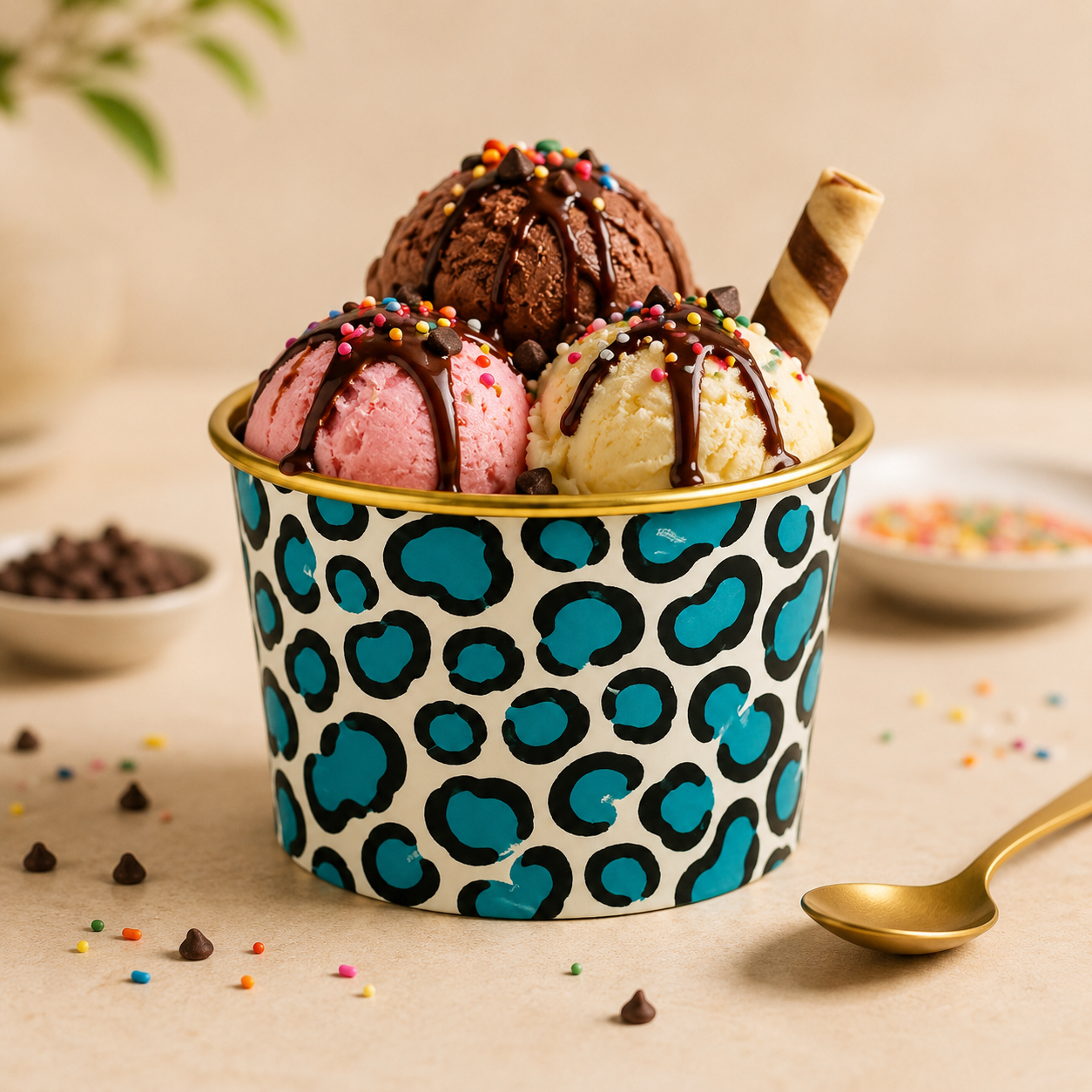 Colorful ice cream in a patterned cup with a spoon on a beige background