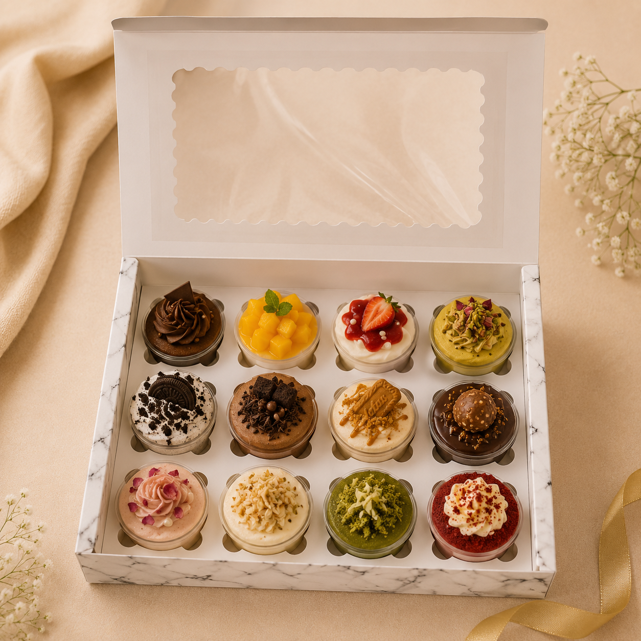 Assorted small Cup cakes in a decorative 12 Cavity box on a beige background