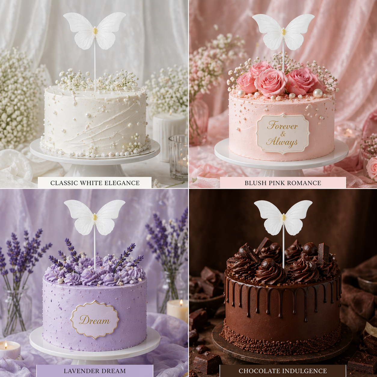 Four different cake designs with butterfly toppers on a decorative background.