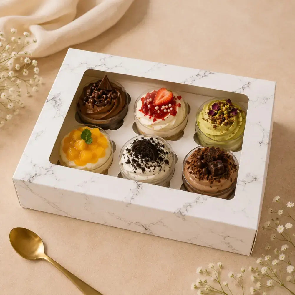 Box of six small desserts with different toppings on a beige surface with flowers and a spoon.
