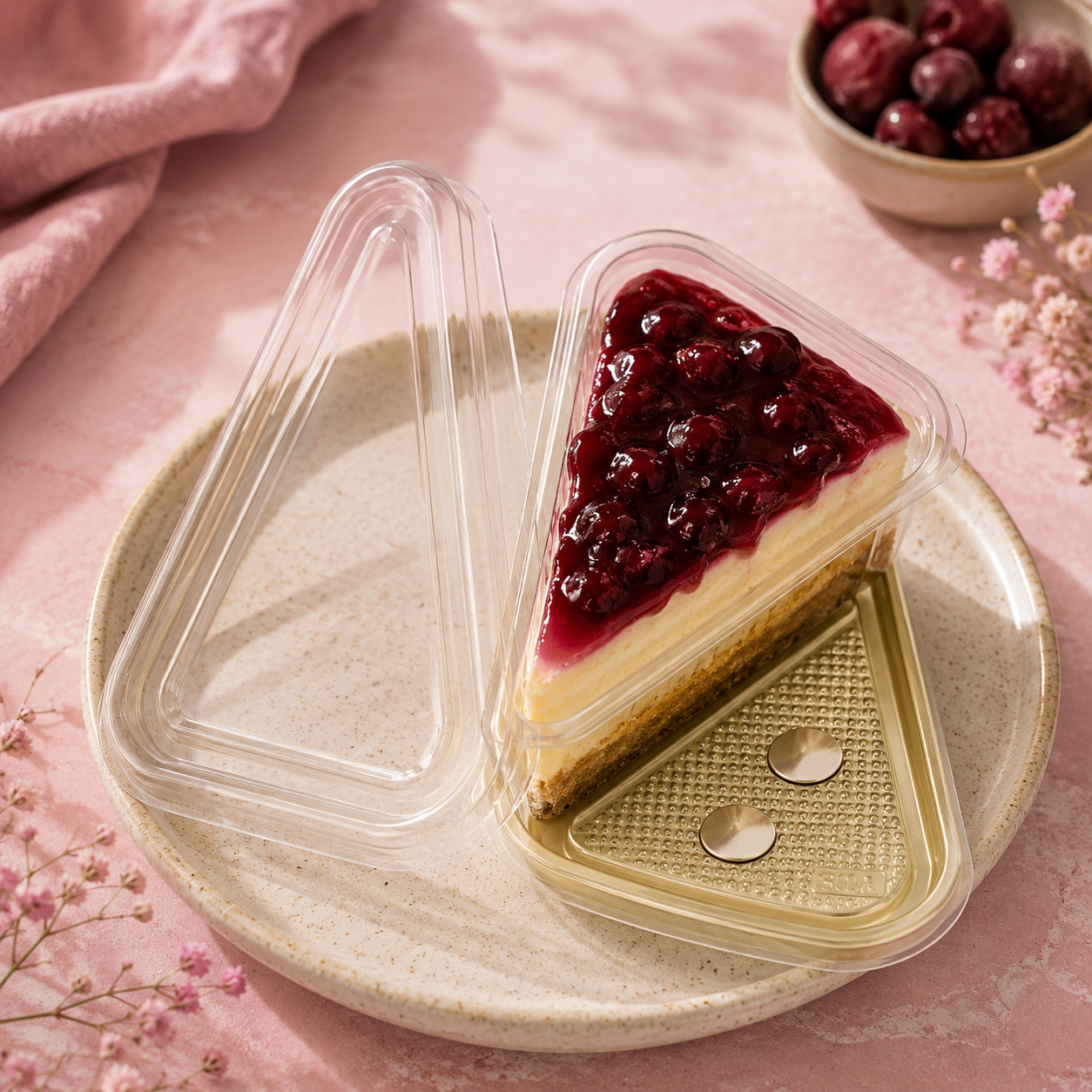 Triangular slice of cheesecake with berry topping in a clear container on a pink surface.