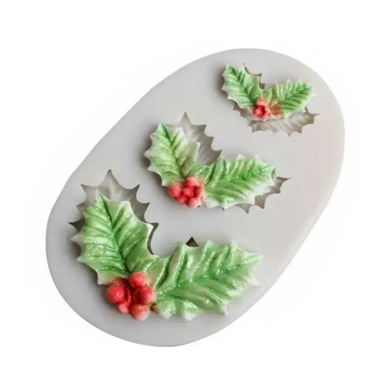 3-Cavity Detailed Holly Leaf & Berry Silicone Mold – Christmas Cake Decor | FM177