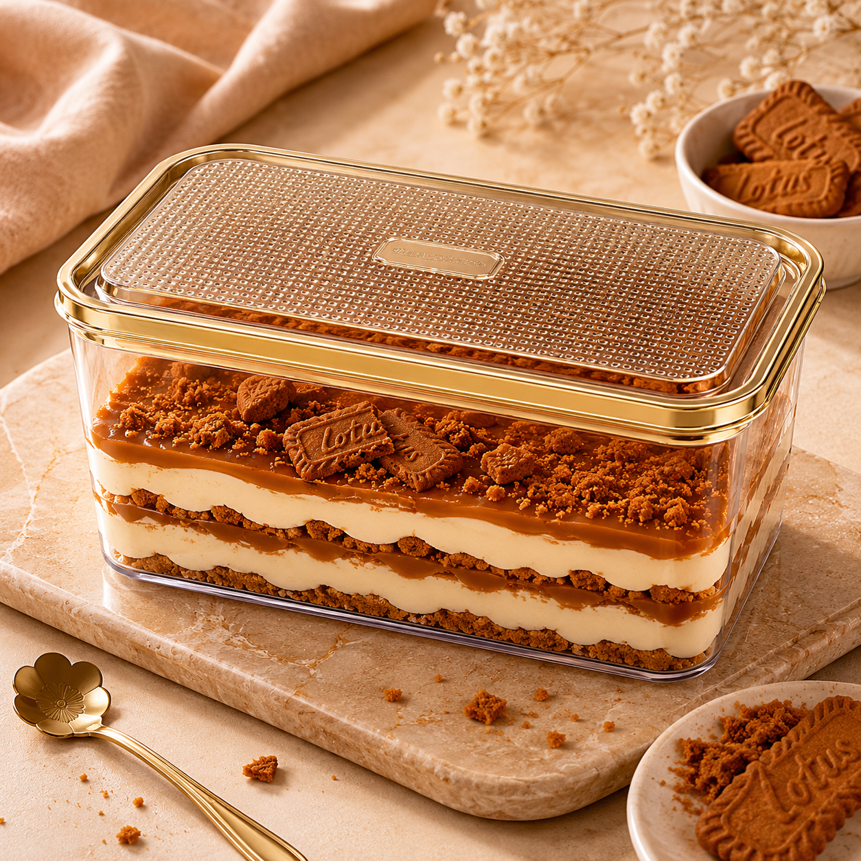 Layered dessert in a clear container with a gold lid on a marble surface.