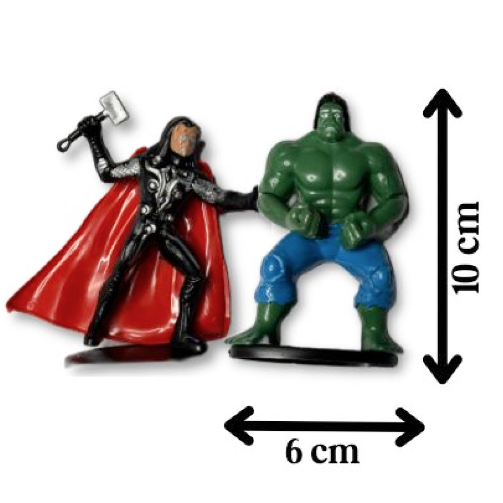 Superheroes Cake Topper with size comparison on white background