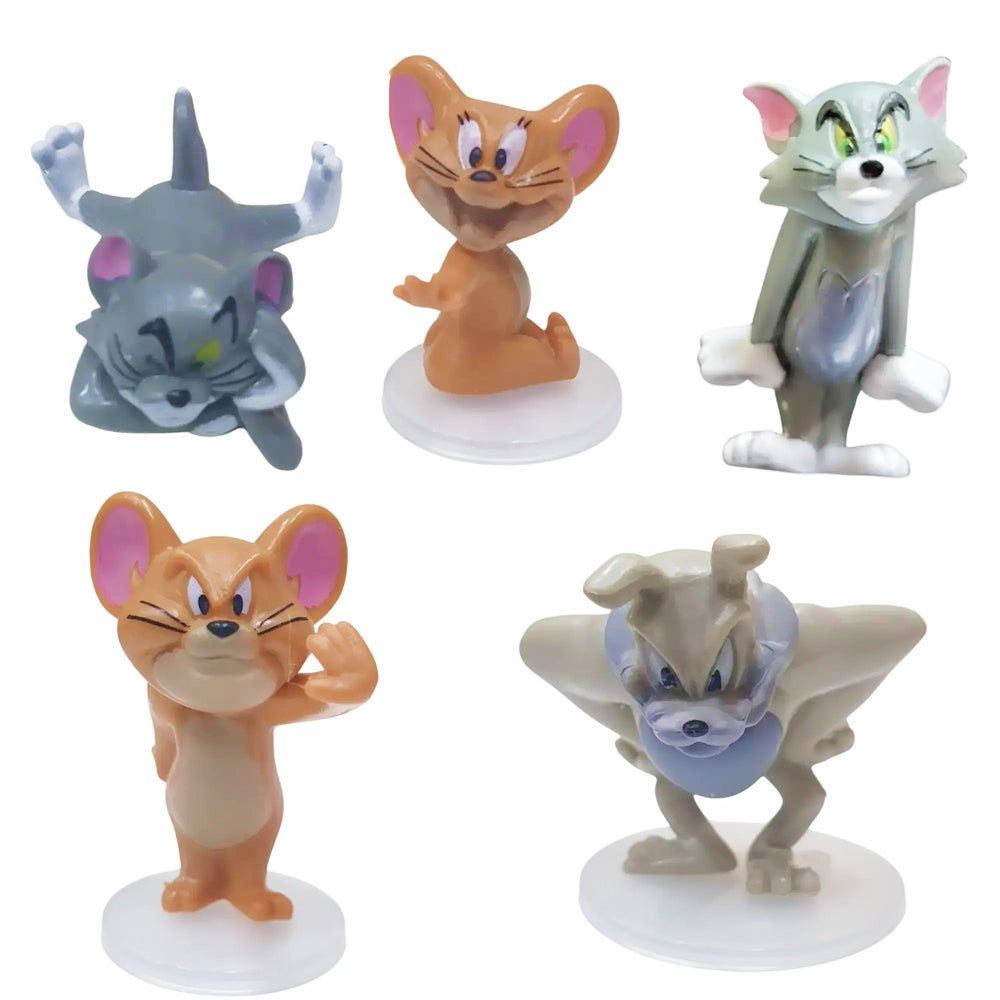 5-piece Tom and Jerry cake topper set featuring cartoon characters in unique poses – includes Tom, Jerry, and Spike the dog in expressive stances with detailed facial features and smooth finish, perfect for decorating kids' birthday cakes, cartoon-themed desserts, or party setups