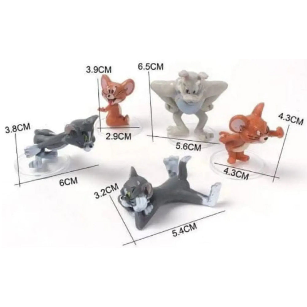 Mini Tom and Jerry cake toppers with exact measurements in centimeters – includes 5 figurines ranging from 2.9 cm to 6.5 cm tall, featuring characters in action poses like Jerry waving, Tom lying down, and Spike flexing, ideal for cartoon birthday cake decoration, character fondant setups, or themed dessert displays