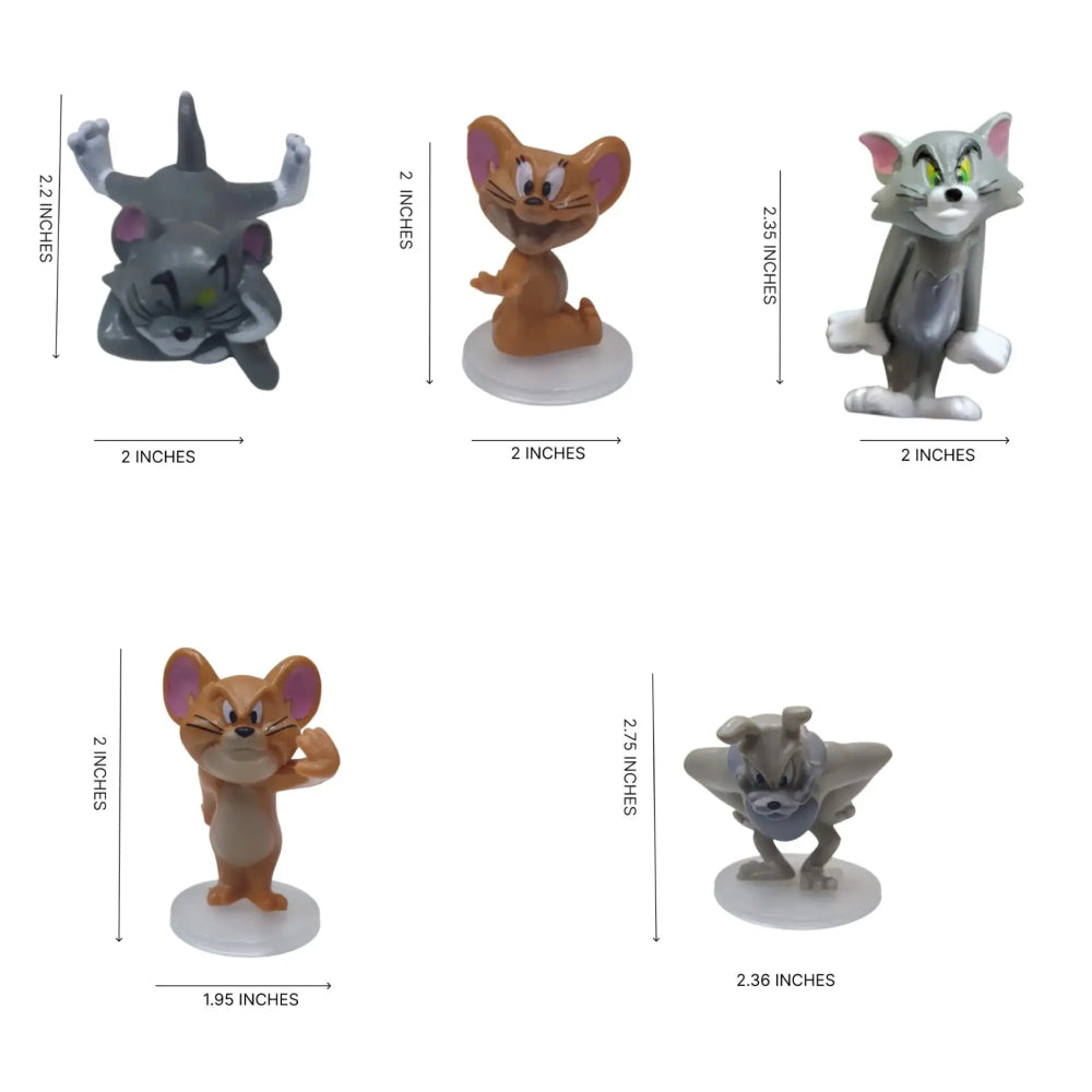 Tom and Jerry cake decoration figurines with sizes shown in inches – includes 5 characters like Tom, Jerry, and Spike in different standing and dynamic poses, ranging between 1.95 inches to 2.75 inches, suitable for cartoon cake toppers, kids’ birthday cake styling, or fun fondant themes