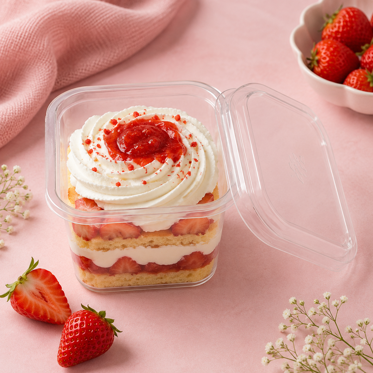 Strawberry shortcake in a transparent container on a pink surface with strawberries and flowers.