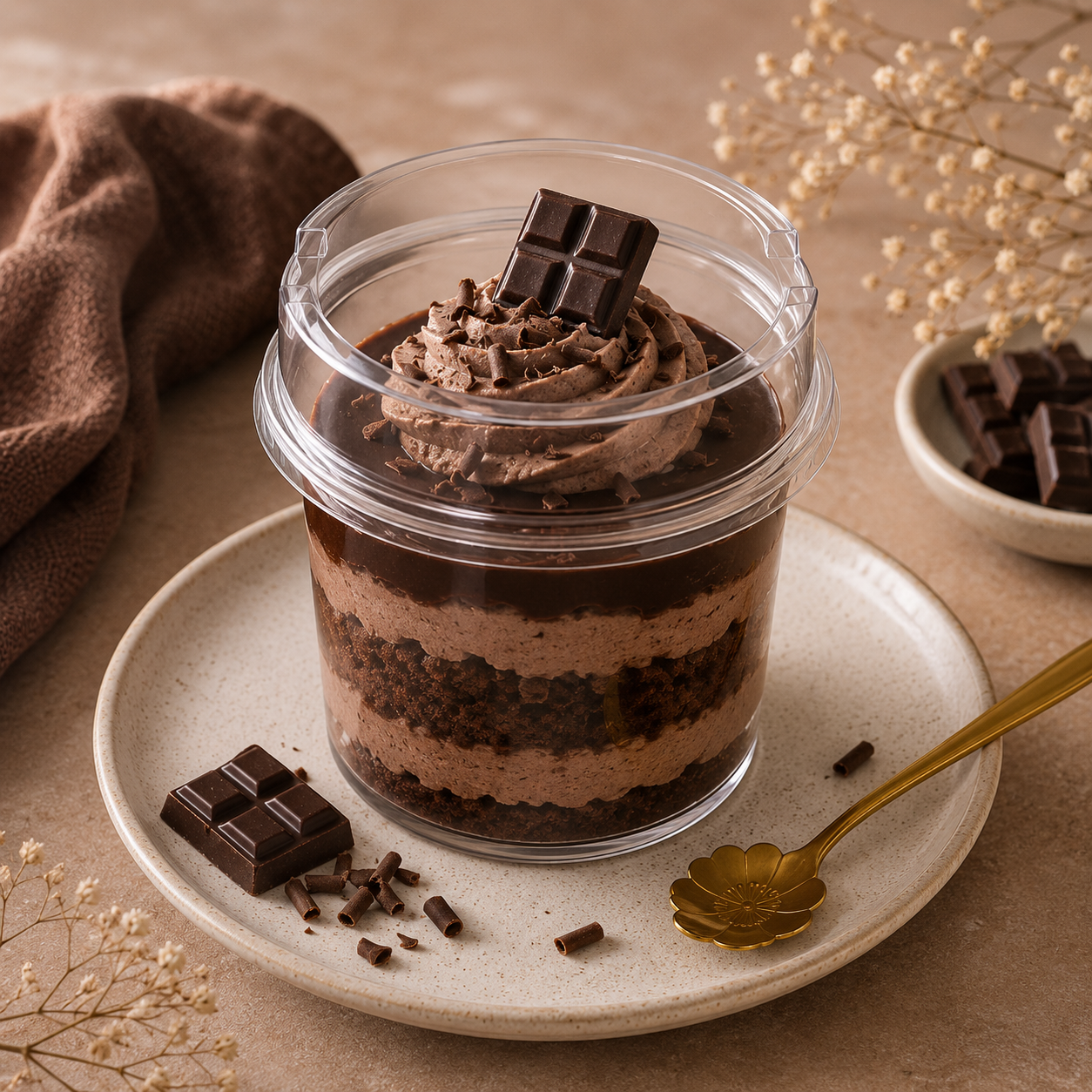 Chocolate mousse dessert in a clear container on a beige plate with a gold spoon.