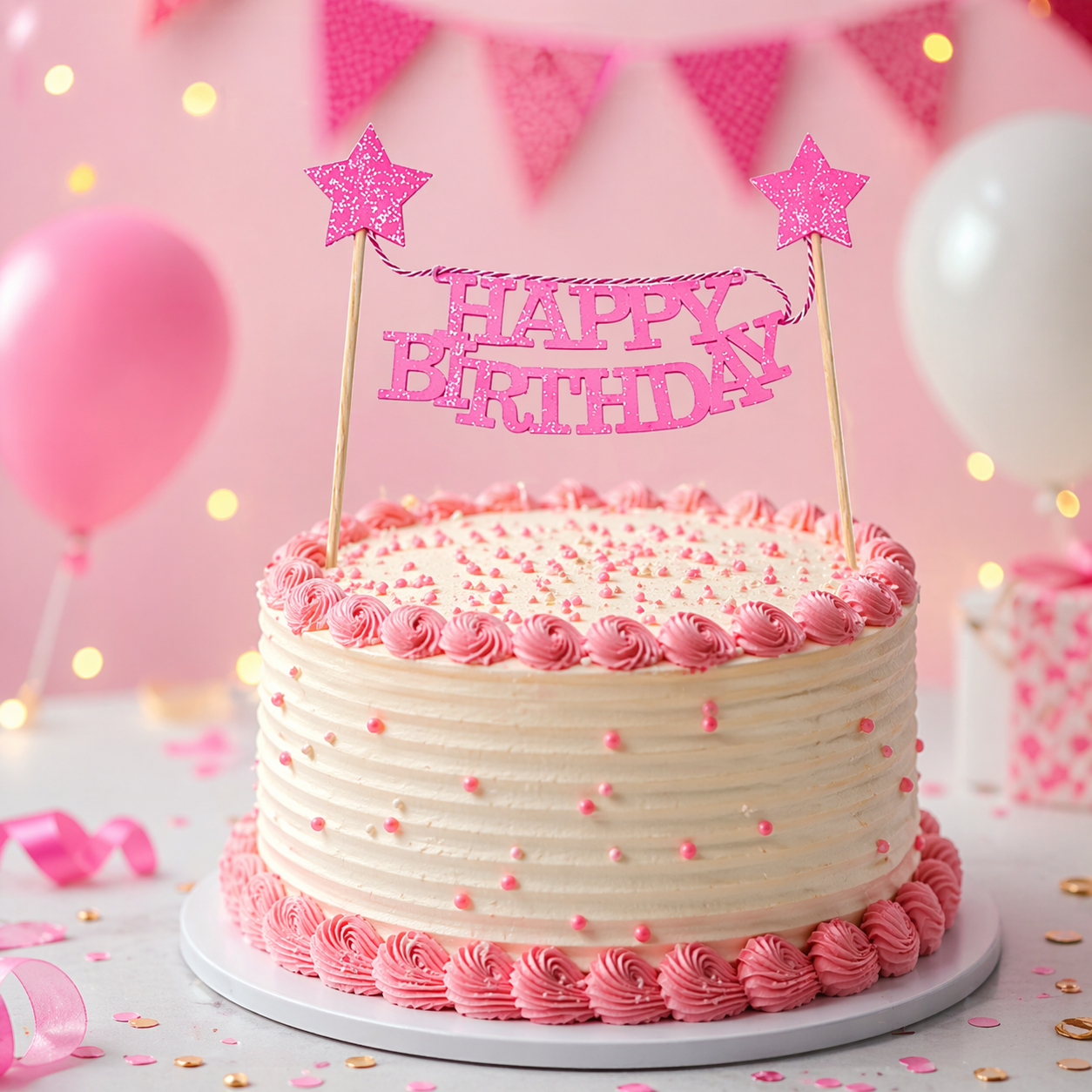 Birthday cake with pink frosting and 'Happy Birthday' topper against a festive background with balloons and streamers.