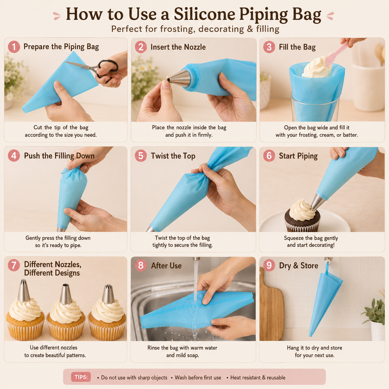 Step-by-step guide on how to use a silicone piping bag for frosting, decorating, and filling.