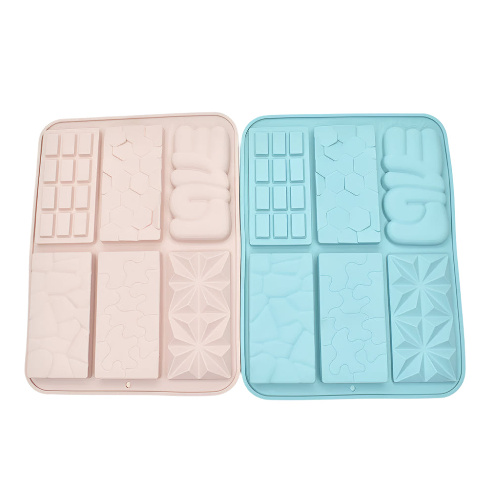 Image shows blue and red 6 Different Chocolate Designs Chocolate Molds side by side on a white background for clear view.