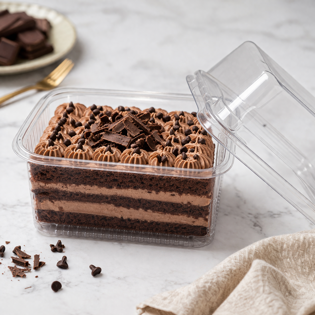 Chocolate layered dessert in a clear container on a marble surface with chocolate pieces and a napkin.