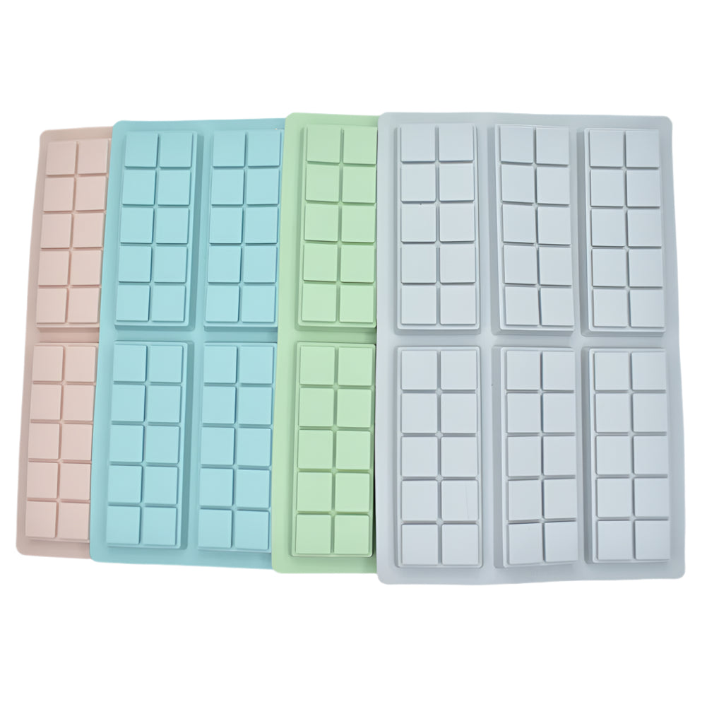 6 in 1 10 Cavity Chocolate Mold – Gray, Green, Blue, and Pink Molds on white background