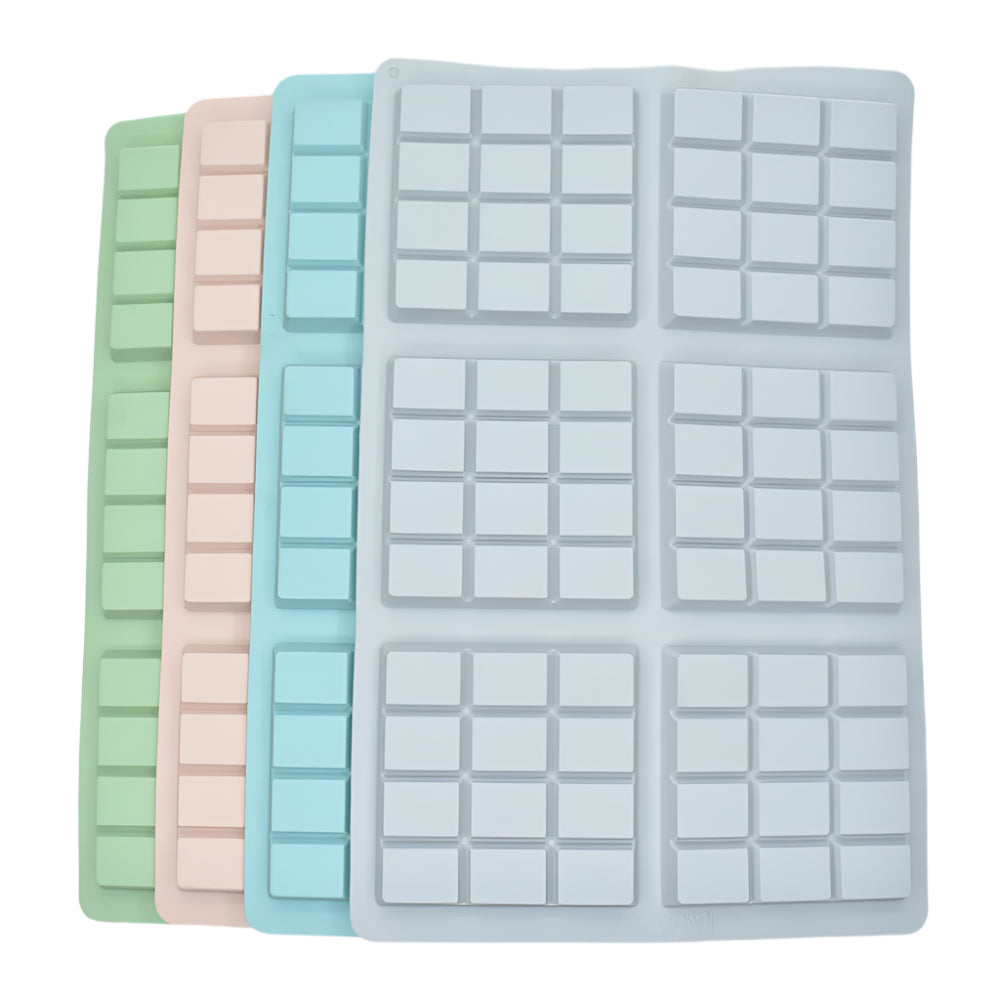 6 in 1 12 Cavity Chocolate Mold in gray, blue, pink, and green on a white background for clear view