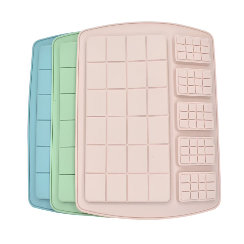 6 in 1 Big & Small Chocolate Bar Chocolate Molds in pink, green, and blue stacked on a white background for clear view.