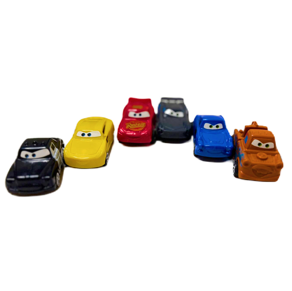 6 Cars Toy Cake Toppers lying flat on white background for full view