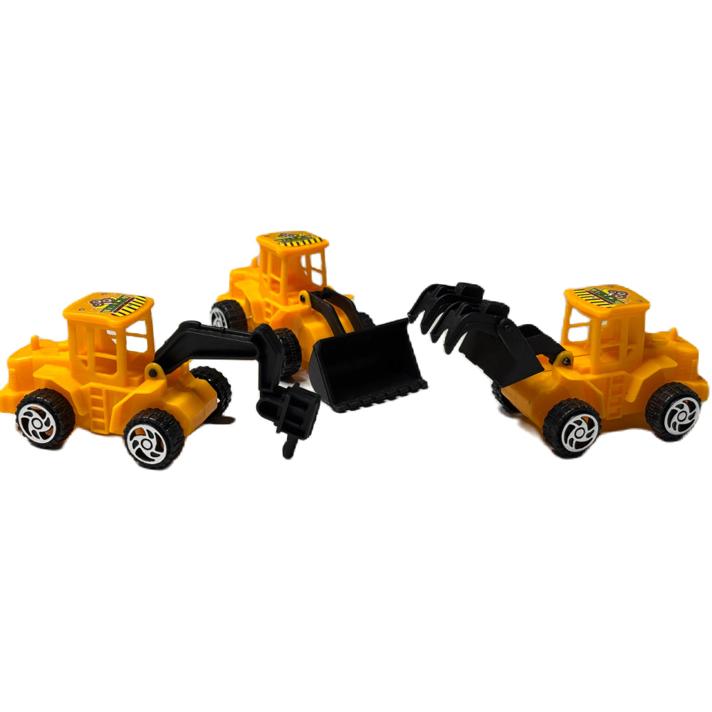 Close-up of 3 JCB Construction Cake Toppers including shovels and diggers on white background