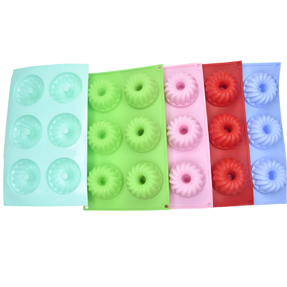 6 in 1 Jelly Chocolate Molds in cyan, green, pink, red, and blue stacked on a white background for a clear view