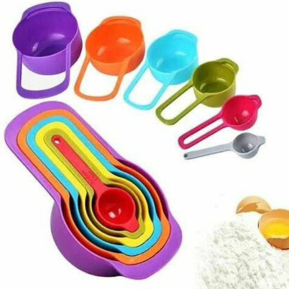 6 in 1 Measuring Cups laid out and in use, demonstrating how the tool is used for measuring ingredients in baking and cooking.