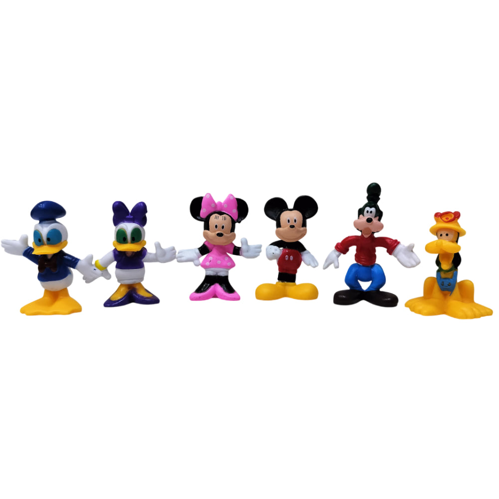 Close-up of 6 Mickey Mouse and Friends Cake Toppers arranged on white background