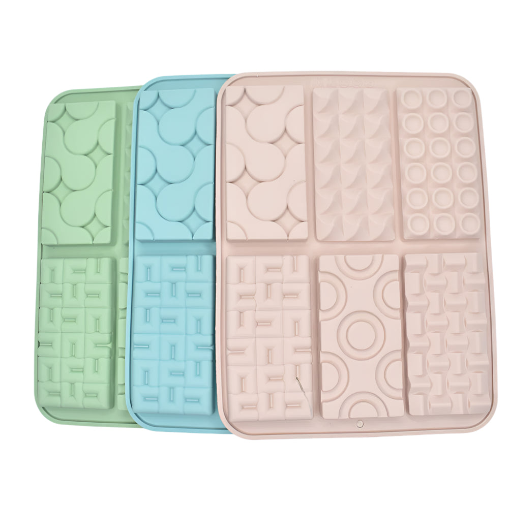 6 in 1 Multiple Designs Chocolate Molds – Pink, Blue, and Green Molds on White Background for Clear View