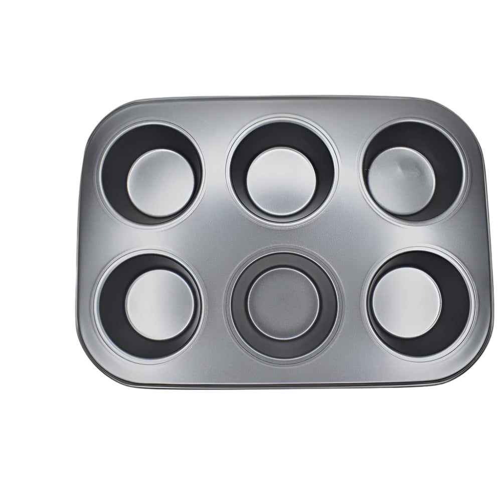 Close-up of measurements on 6 in 1 Round Black Muffin & Cupcake Baking Tray