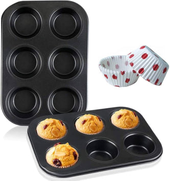 6 in 1 Round Black Muffin & Cupcake Baking Tray in use with muffins