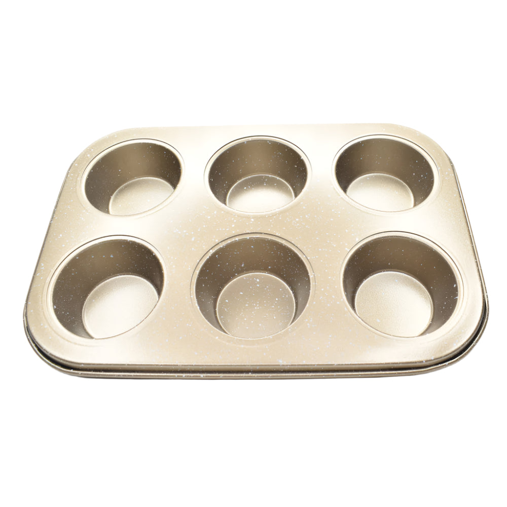 6 in 1 Round Brown Muffin & Cupcake Baking Tray on a white background – Non-stick baking tool for muffins and cupcakes.