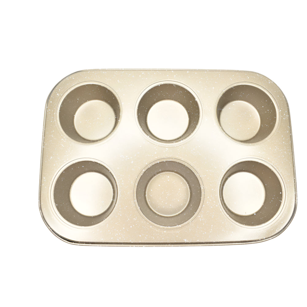 Close-up of measurements of the 6 in 1 Round Brown Muffin & Cupcake Baking Tray on a white background – Baking tray for perfect round muffins.
