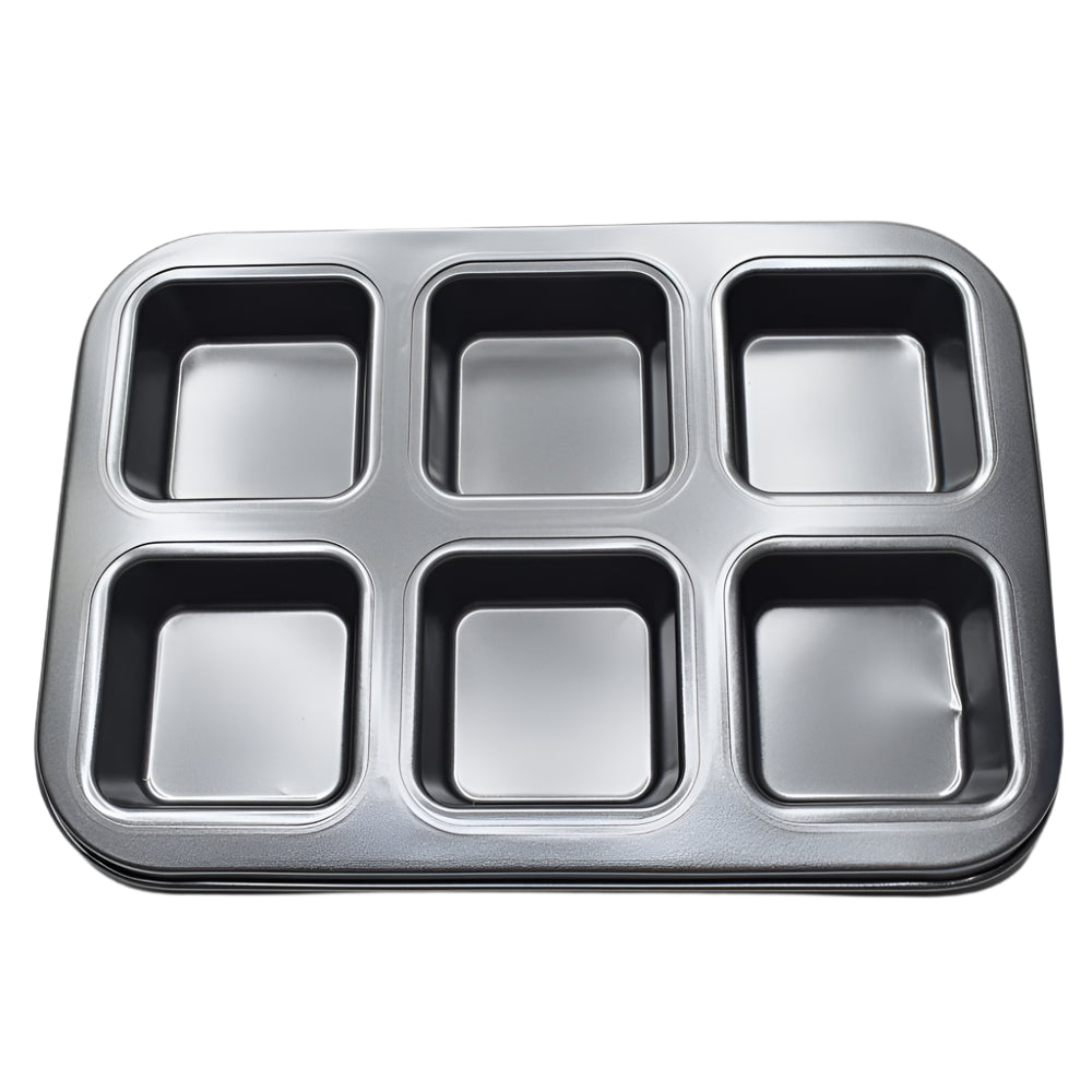 6 in 1 Square Muffin & Cupcake Baking Tray on a white background, showcasing its six cavities for baking.