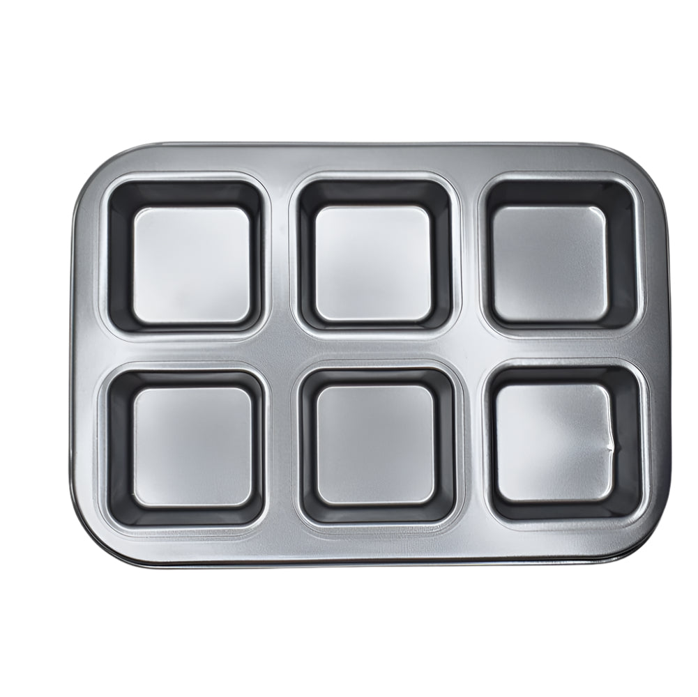 Close-up of the measurements of the 6 in 1 Square Muffin & Cupcake Baking Tray on a white background.