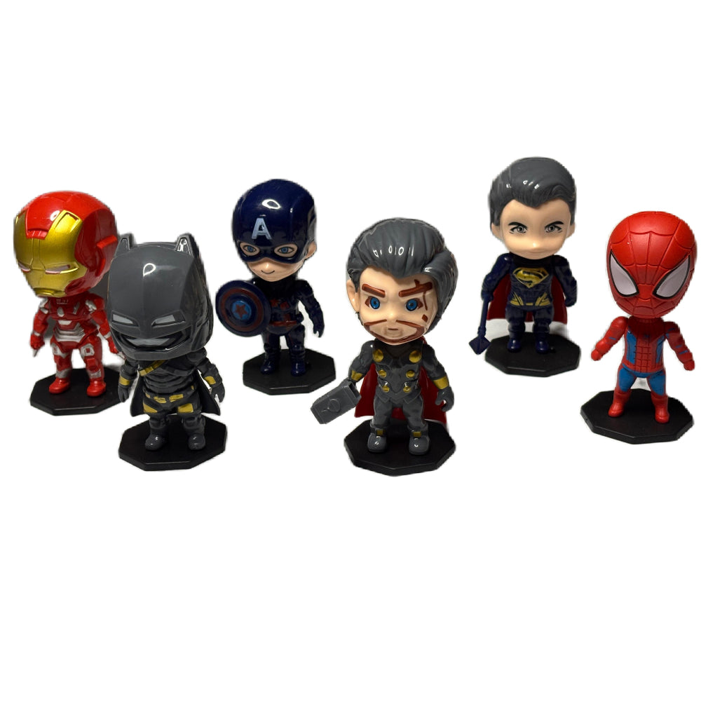 5 Superheroes Toy Cake Toppers standing on white background for clear product view