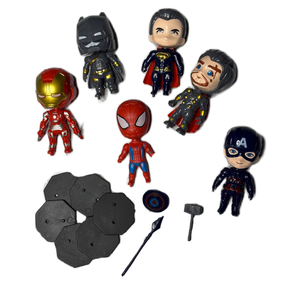6 in 1 Superheroes Toy Cake Toppers with stands lying on white background