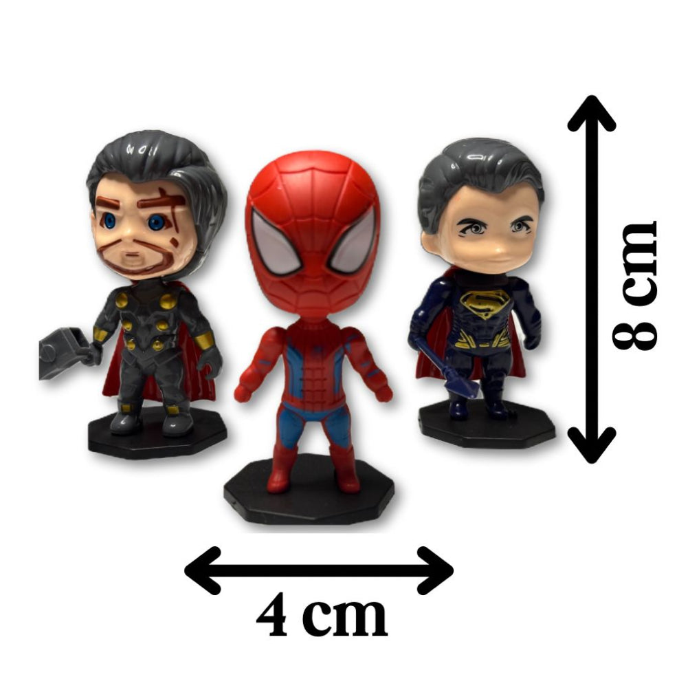 Superheroes Toy Cake Toppers size comparison on white background