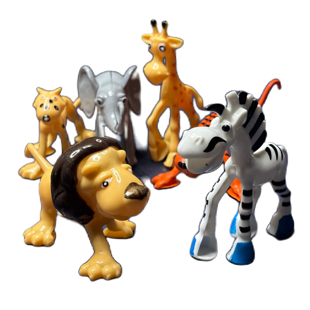 Close-up angled view of 6 Wild Animals Cake Toppers on white background