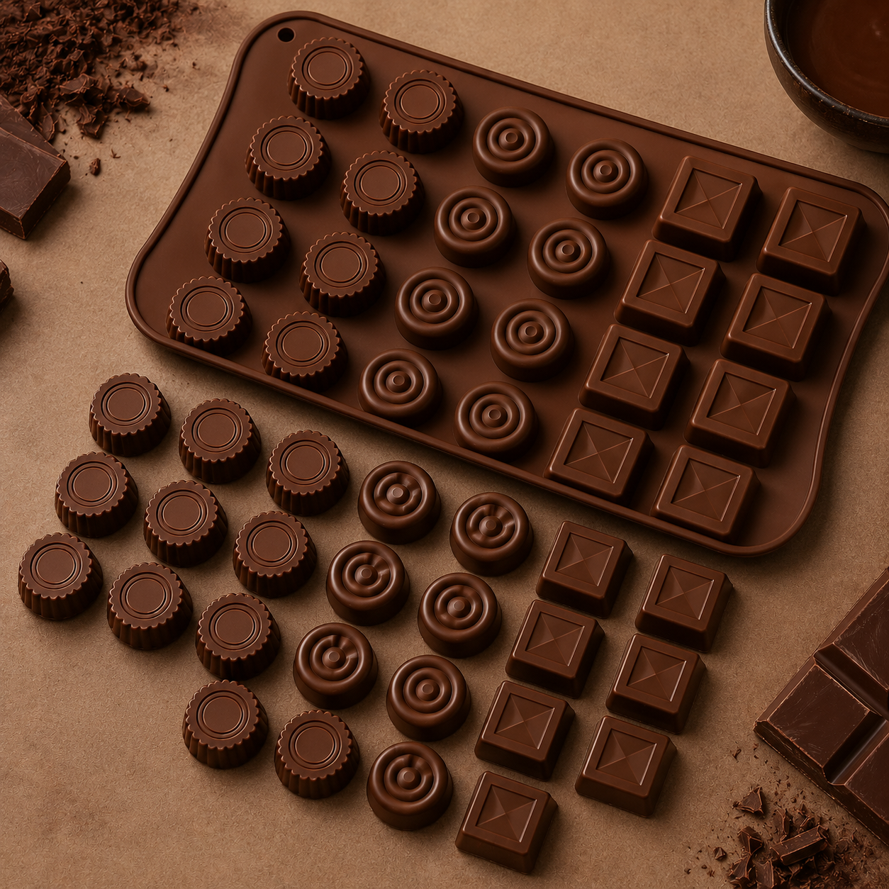 Chocolate mold with freshly made chocolate shapes on a brown surface
