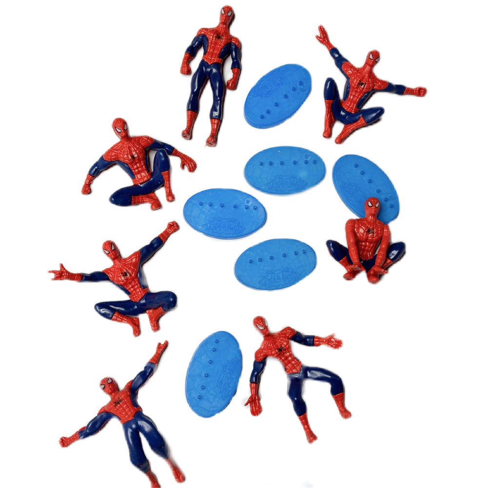 Angled zoomed-in view of 7 Spiderman Cake Toppers on white background