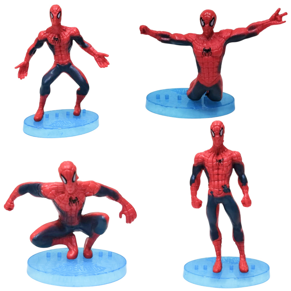 Angled zoomed-in view of 3 Spiderman PVC Cake Toppers in packaging on white background