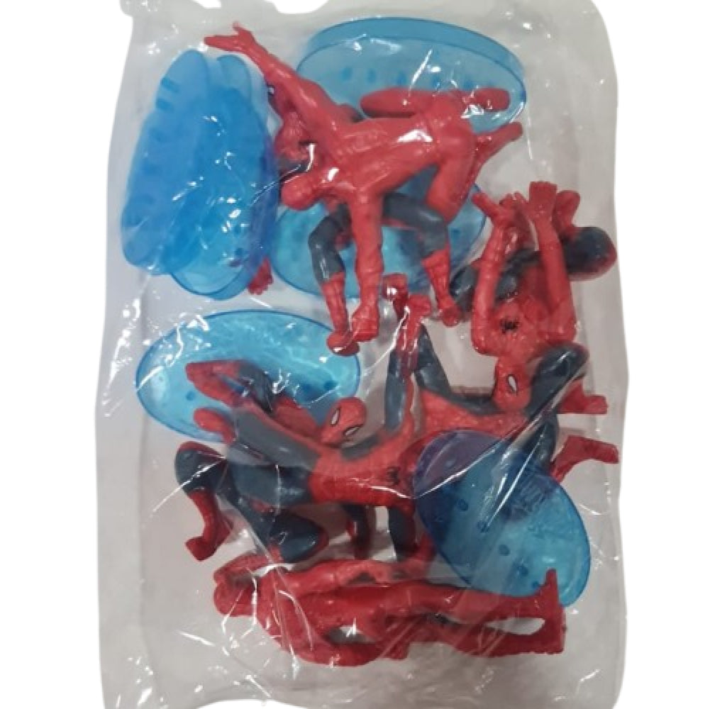Zoomed-in view of Spiderman PVC Cake Toppers inside packaging on white background