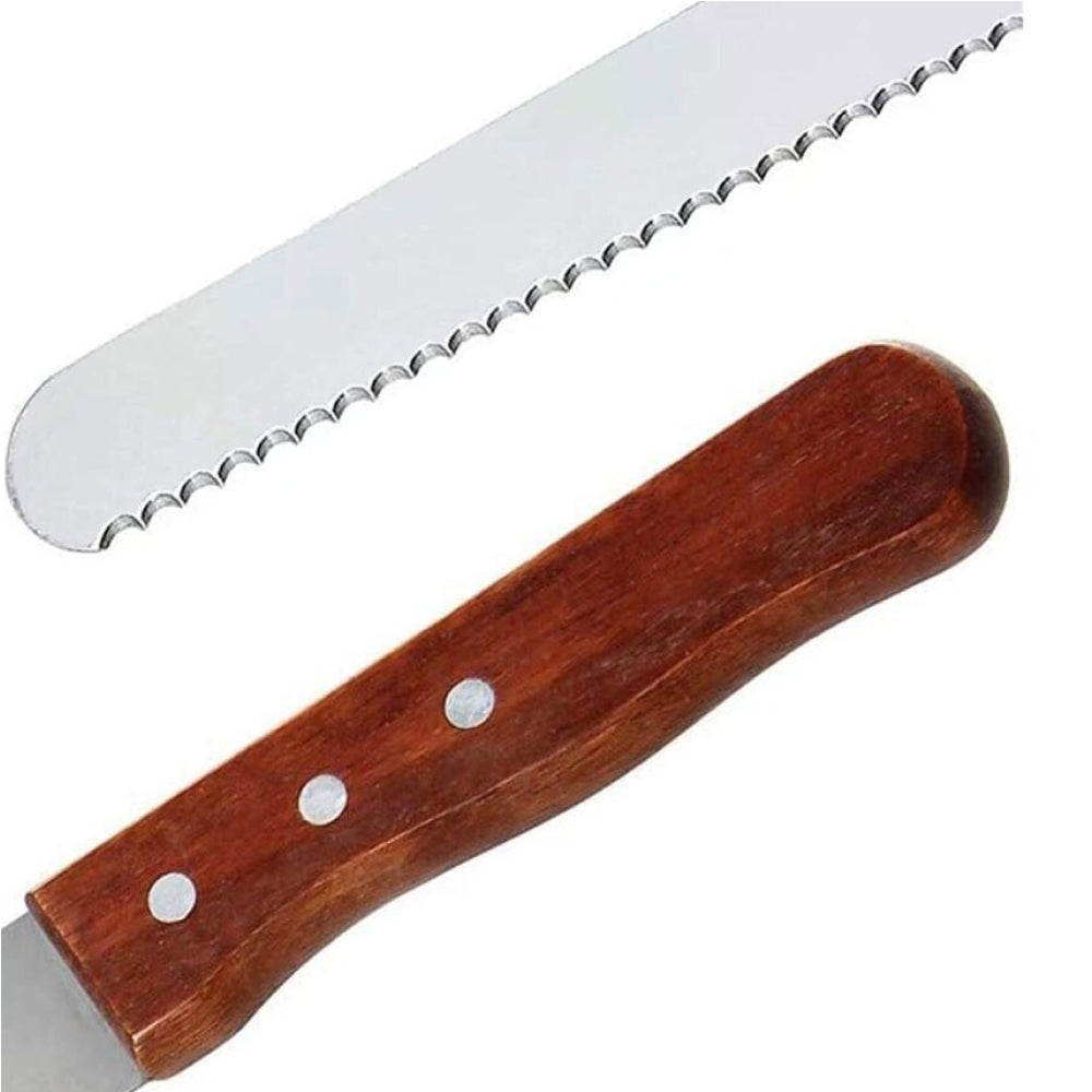 Zoomed-in view of the wooden handle of the 8 Inch Wooden Handle Knife, showcasing its ergonomic design and comfort.