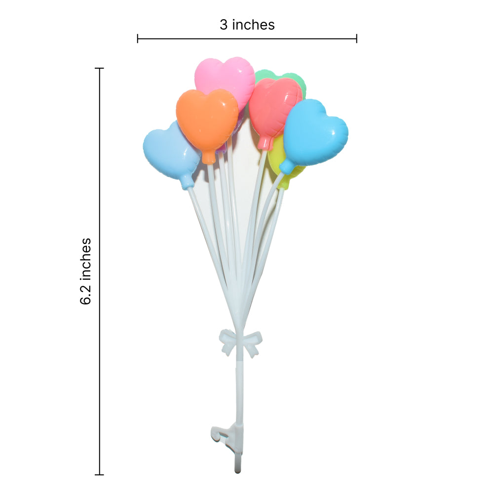 Measurement guide for 8 Piece Heart Shaped Plastic Balloon Cake Topper on a white background for size reference.